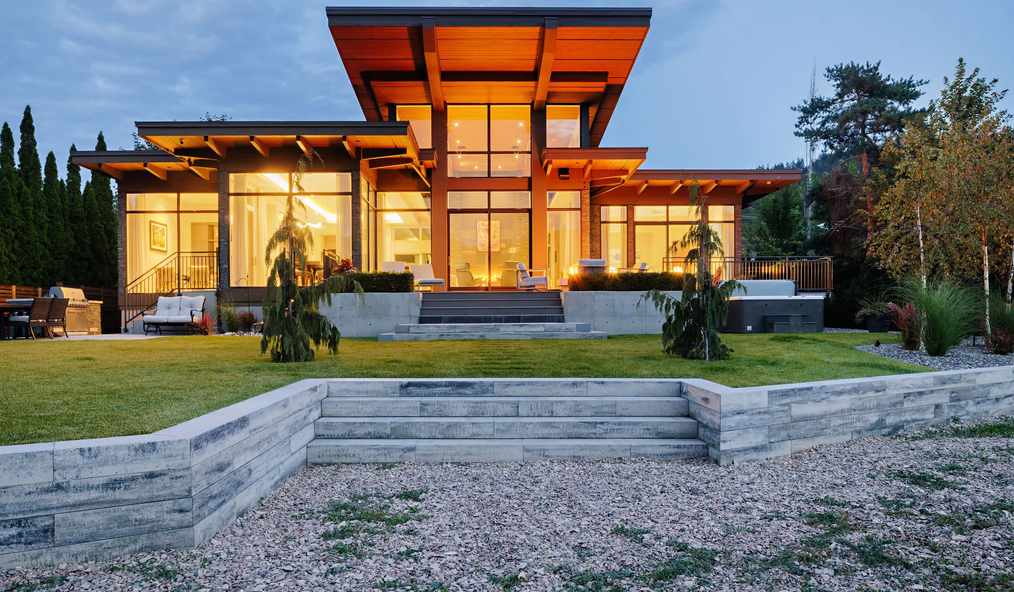 Modern home and landscape in the dark with lighting