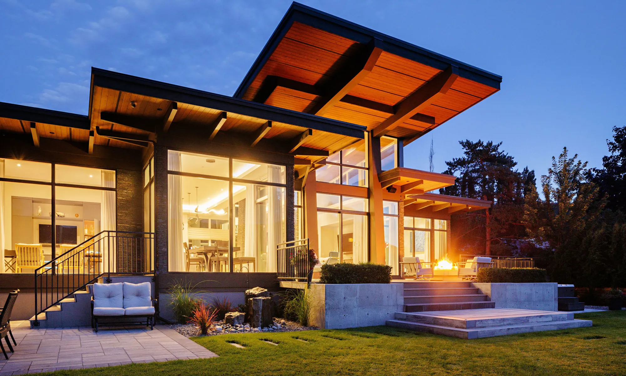 bright lighting modern home retaining wall and stairs