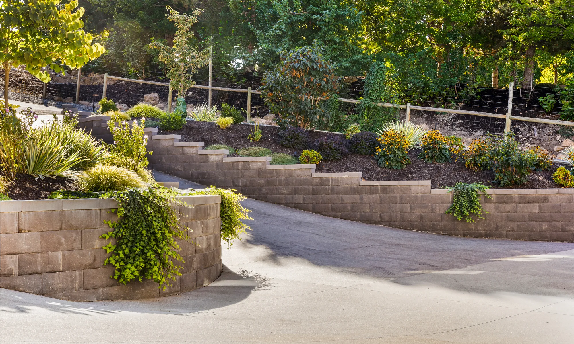 drieway with retaining wall with greenery