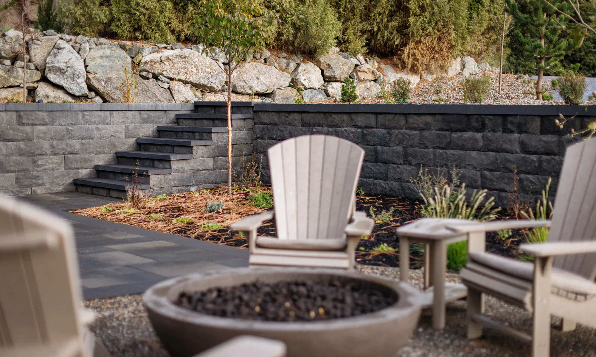 firepit and stone walkway and stairs and wall