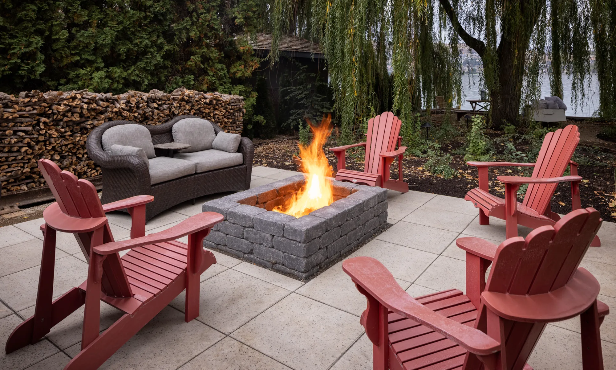 red chairs fire spit and stone floor