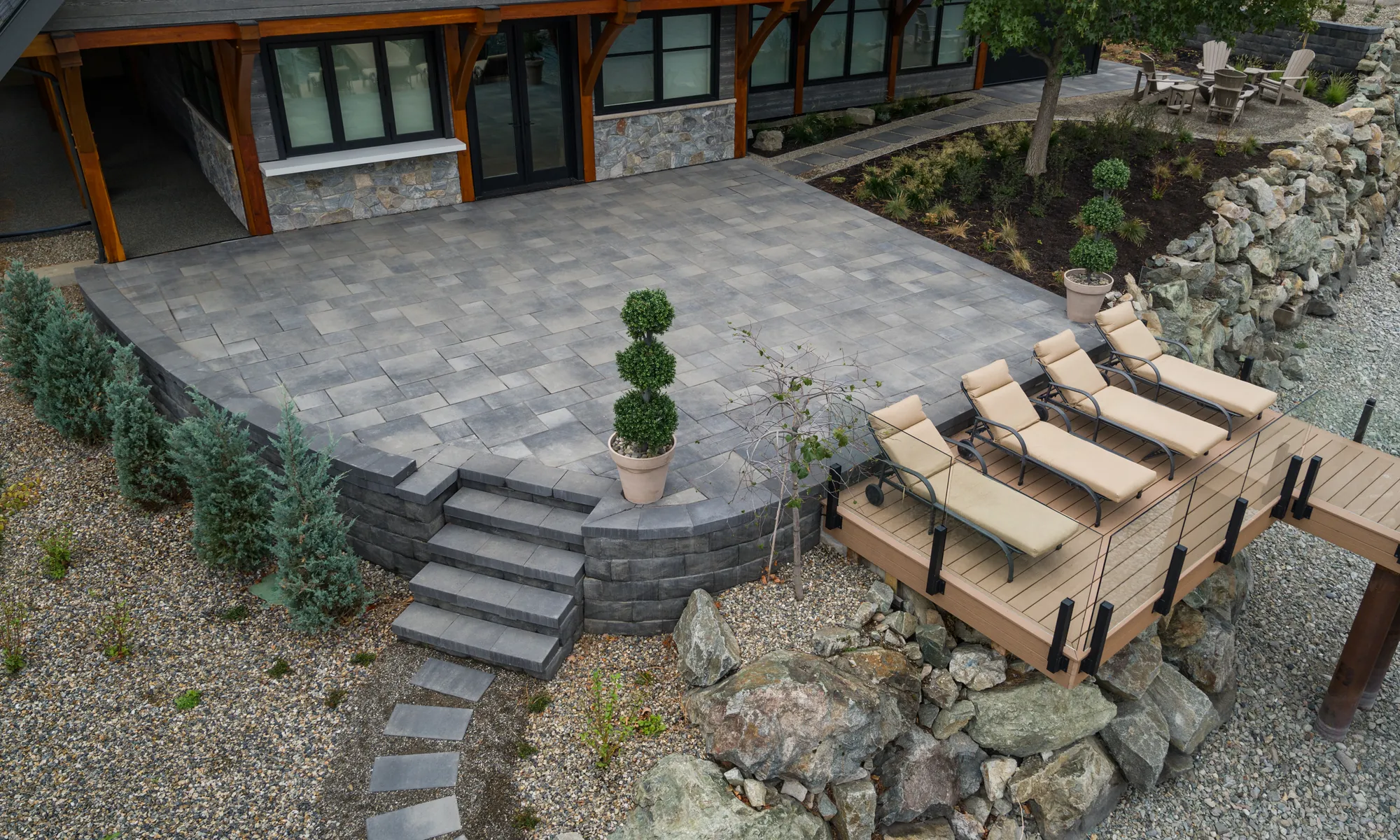 retaining wall lakefront home and trees