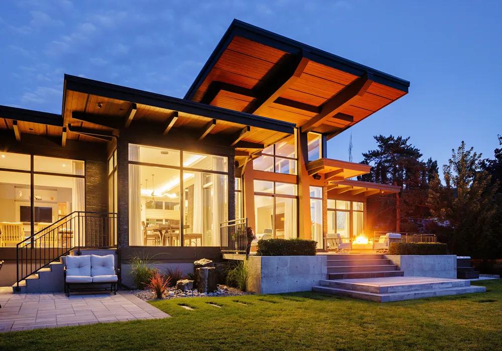 bright lighting modern home retaining wall and stairs