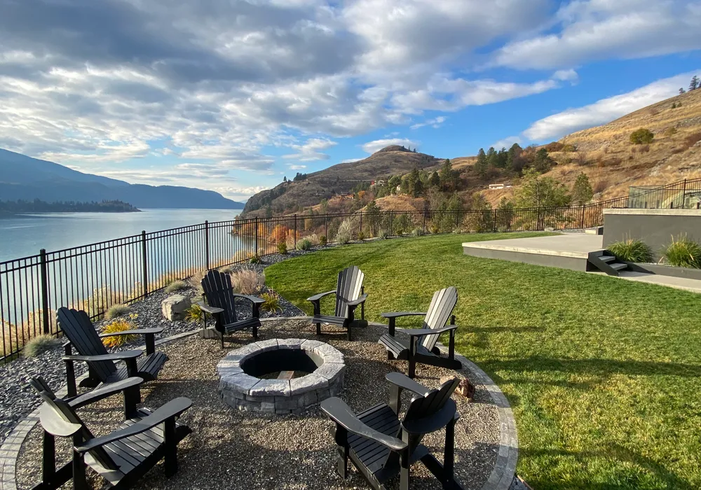 fire pit and mountains and chairs