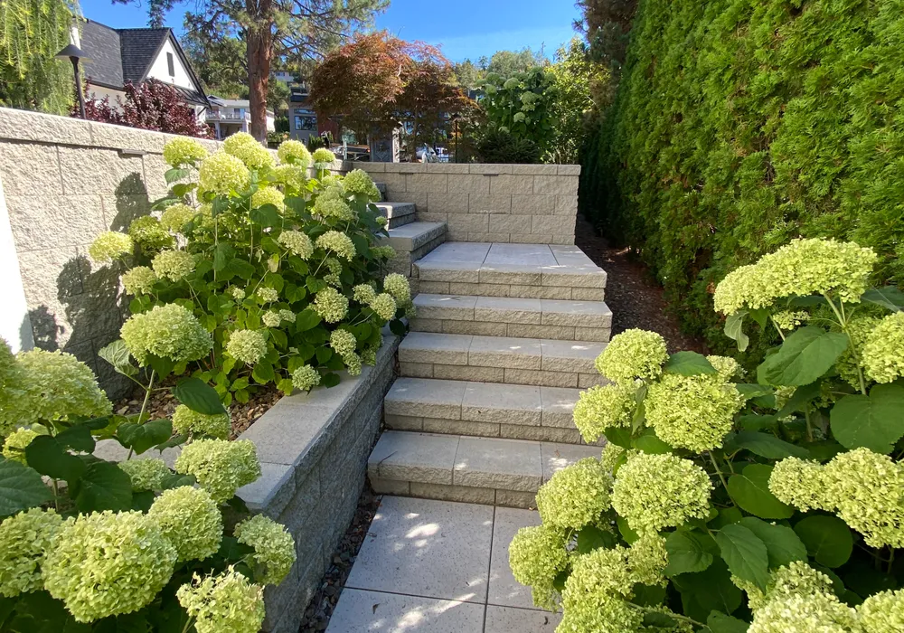 flowers and garden and steps and retaining wall and steps