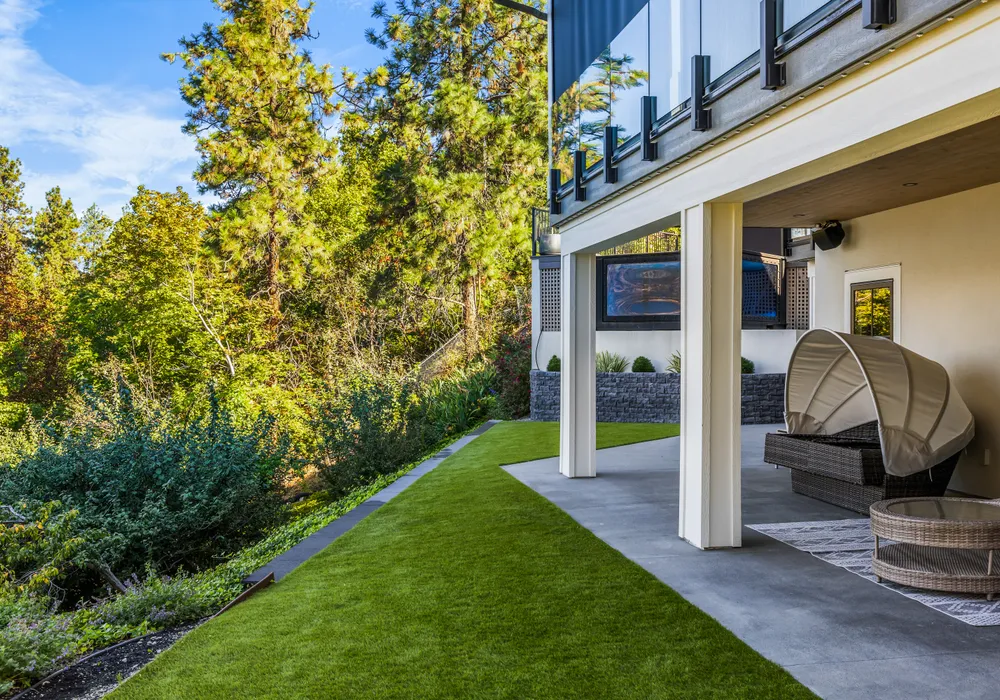 green lawn and bushes