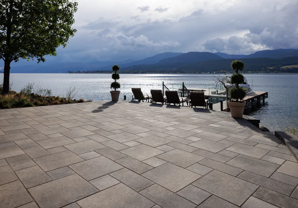 lake front view with paver stones