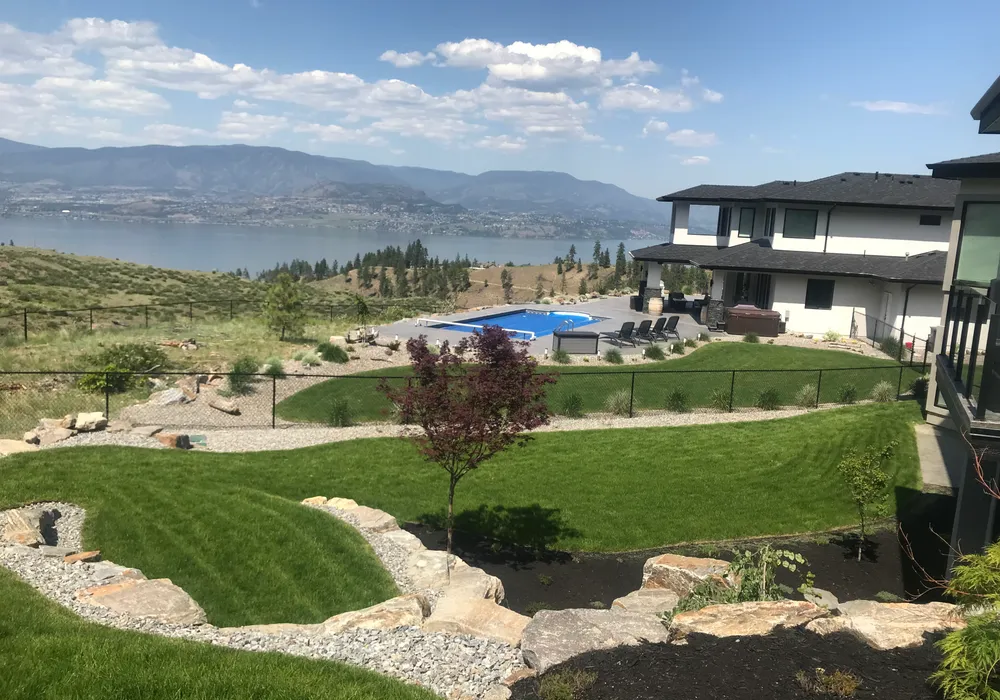 lake front view with tree and pool green grass