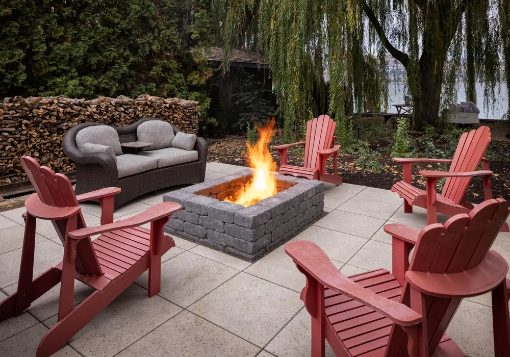 red chairs fire spit and stone floor