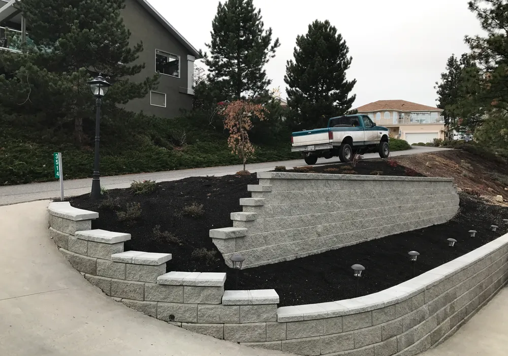 stone retainig wall and truck with one small tree