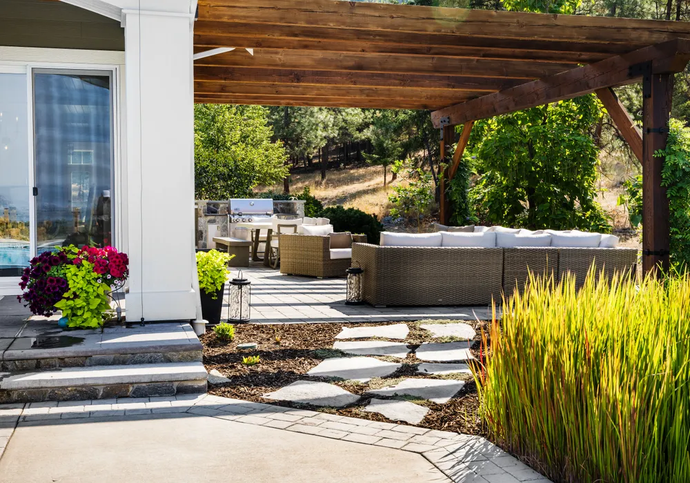 walkway paver stones and garden area