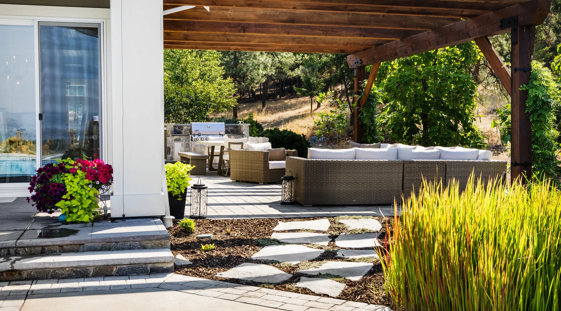 paver stones and garden